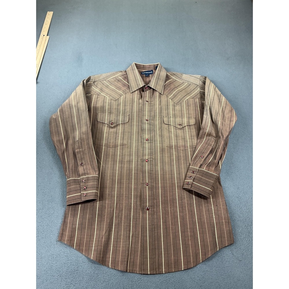 Panhandle Slim Shirt Mens M Brown Striped Polyester Cotton Long Sleeve Snap
